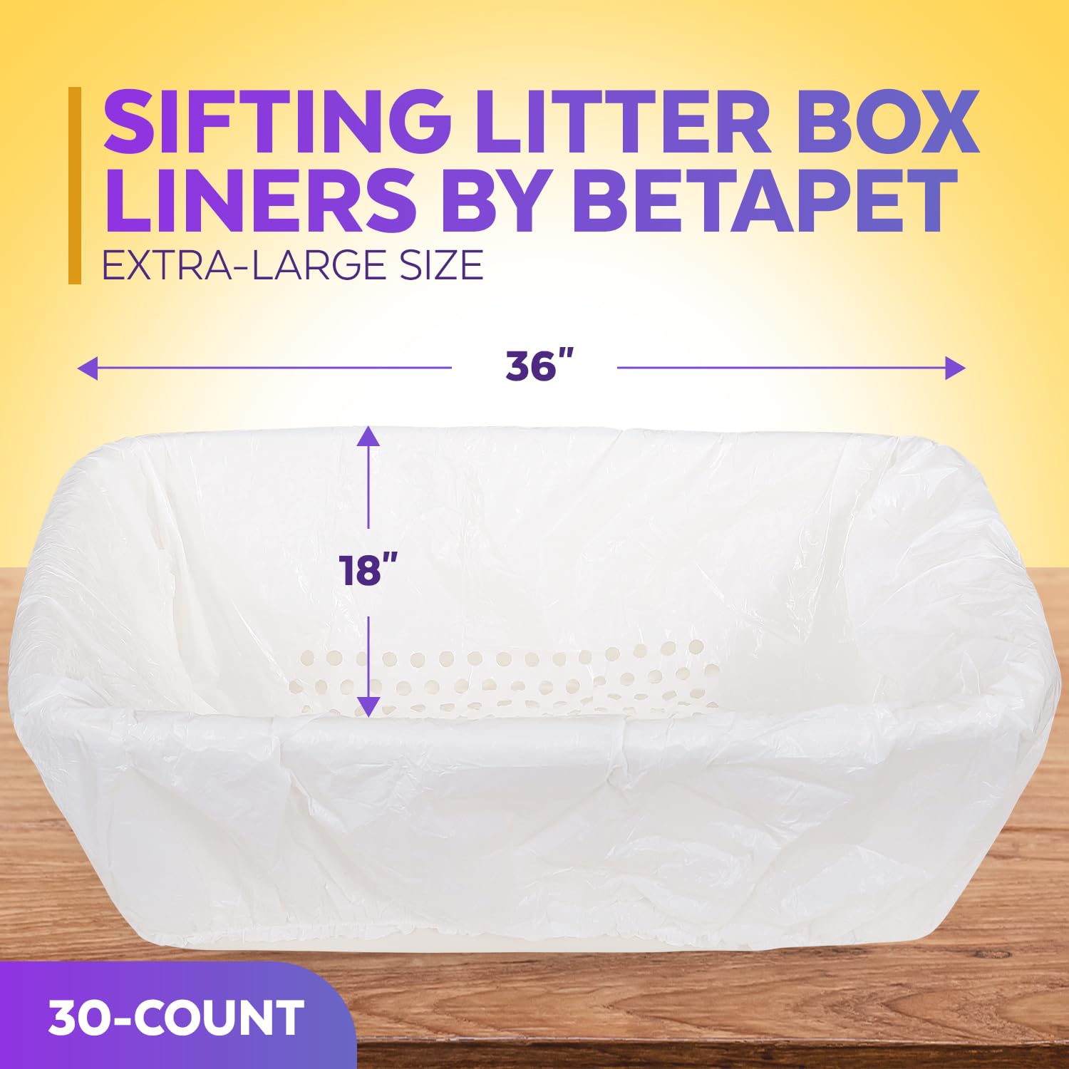 BETAPET Sifting Litter Box Liners- 30-Count Elastic Cat Pan Liners for Large, Extra Large, Giant, and Extra Giant Litter Box - 36" x 18" Universal Fit Quick Sifting Cat Litter Bags