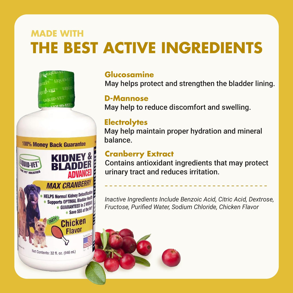 Premium Easy to Dose Liquid for All Dogs with Cranberry & D-Mannose: Comprehensive Dog Formula for Kidney & Bladder Support