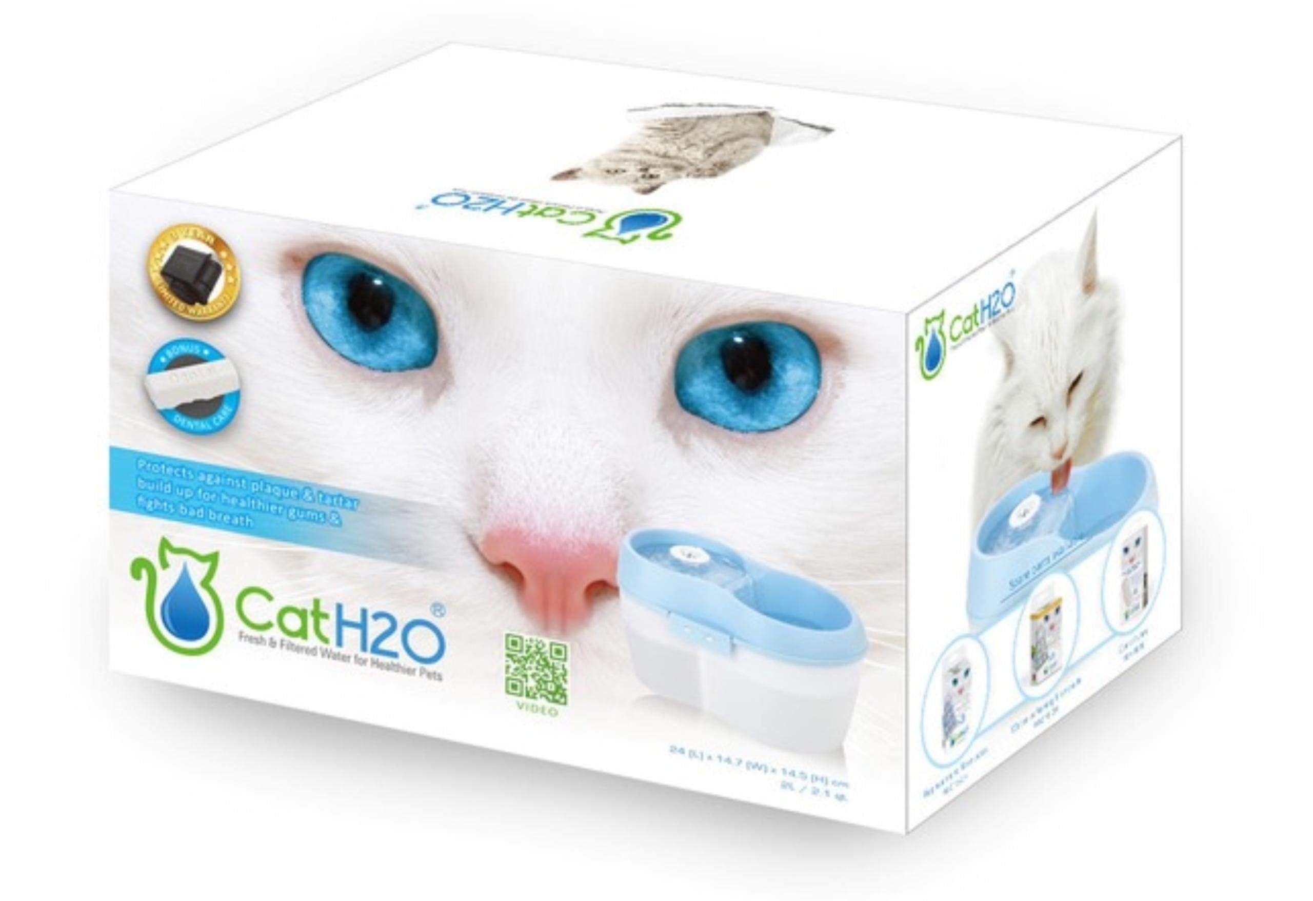 Cat H2O Filtered Cat Water Fountain 67 fl. oz/2.1 Quart with Filter & Dental Care Tablet, Blue/Translucent White
