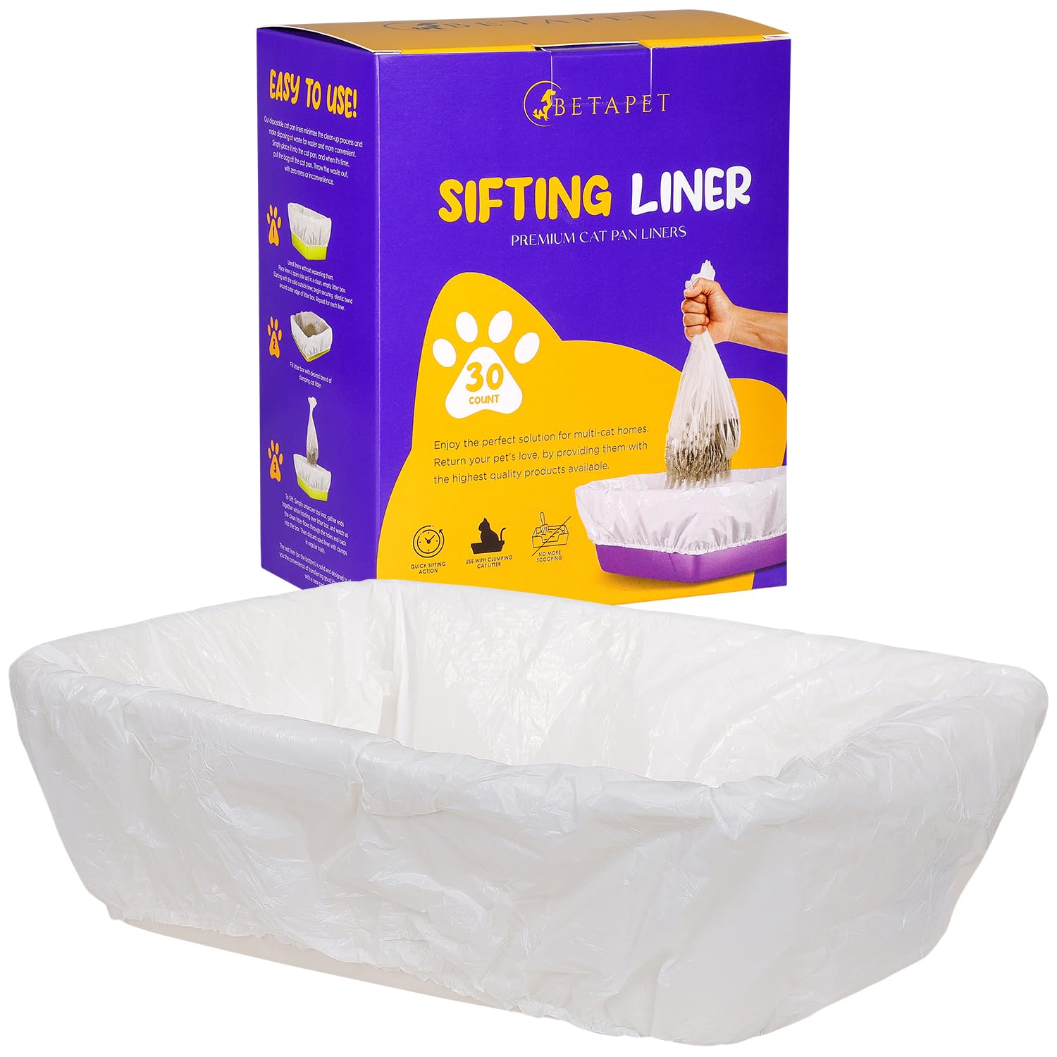 BETAPET Sifting Litter Box Liners- 30-Count Elastic Cat Pan Liners for Large, Extra Large, Giant, and Extra Giant Litter Box - 36" x 18" Universal Fit Quick Sifting Cat Litter Bags Main image