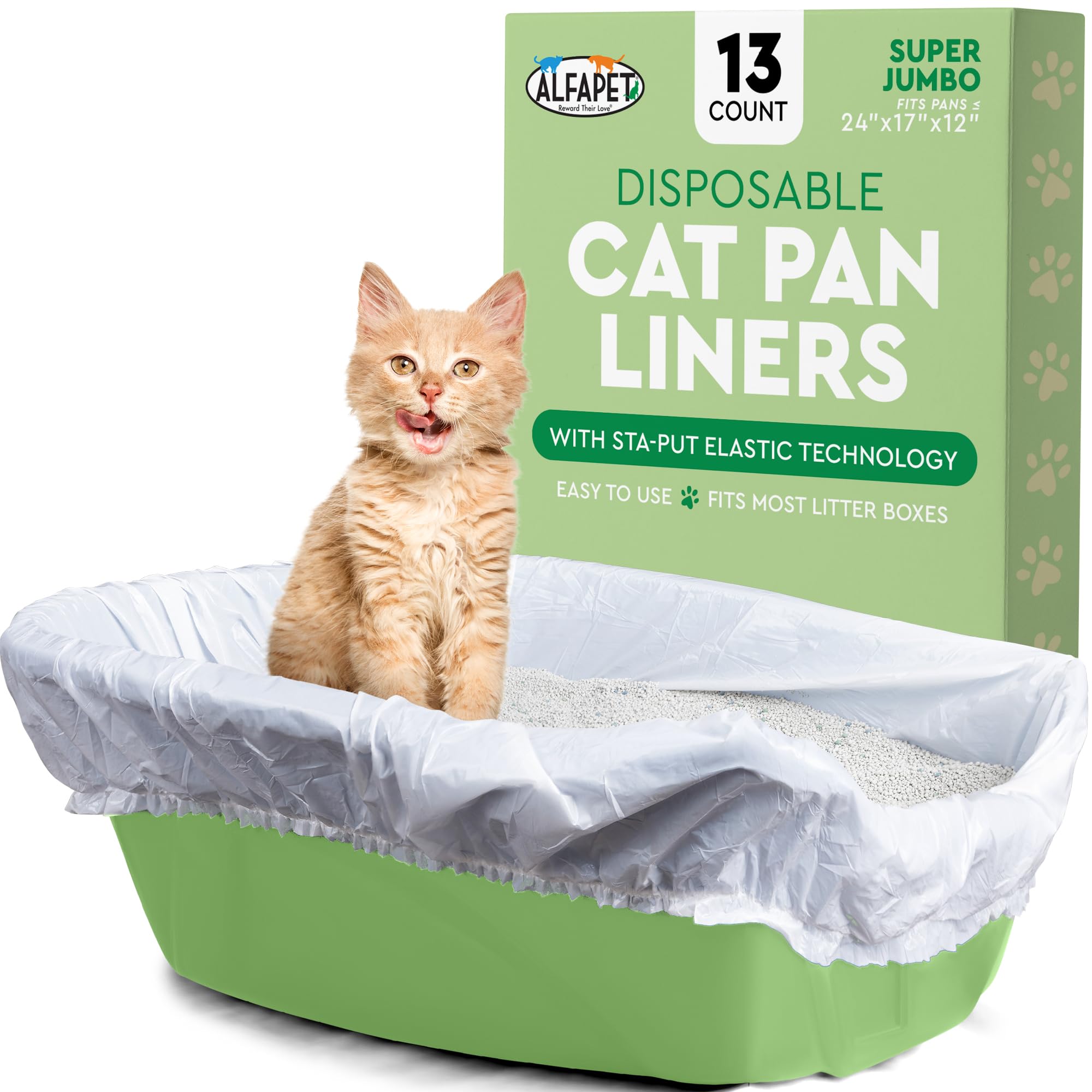 Alfapet Elastic Cat Litter Box Liners - Super Jumbo 13 Count - Tear-Resistant Cat Litter Bags, Waterproof Kitty Litter Liners - Fits Litterbox Pan Sizes X-Giant, Jumbo 42" x 20" x 2 MIL 30 lb Capacity Main image