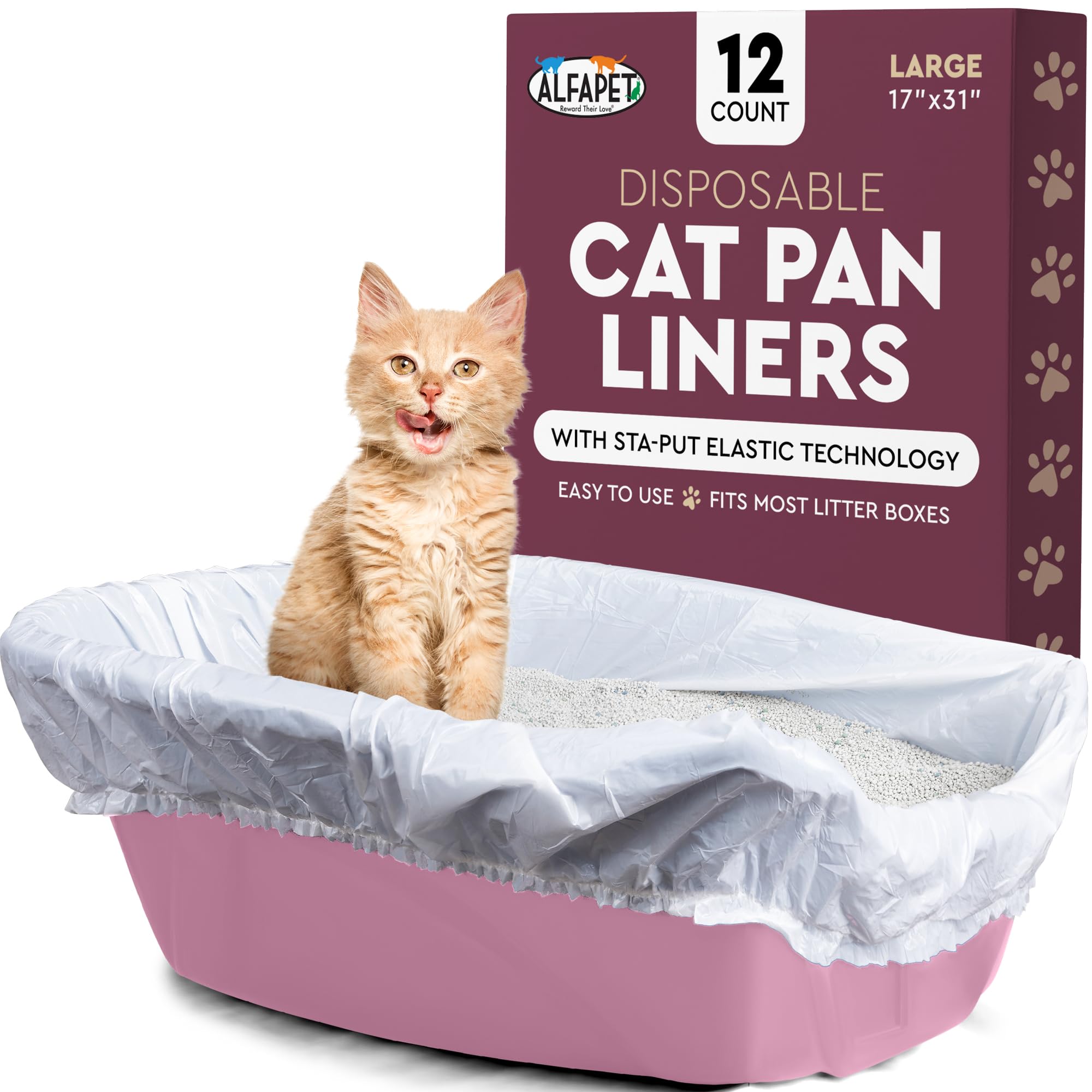 Alfapet Cat Litter Box Liners Large 12 Count - Tear-Resistant Cat Litter Bags - Waterproof Kitty Litter Liners - Fits Litterbox Pan Sizes Medium and Large, 31" x 17", 20 lb Capacity Main image