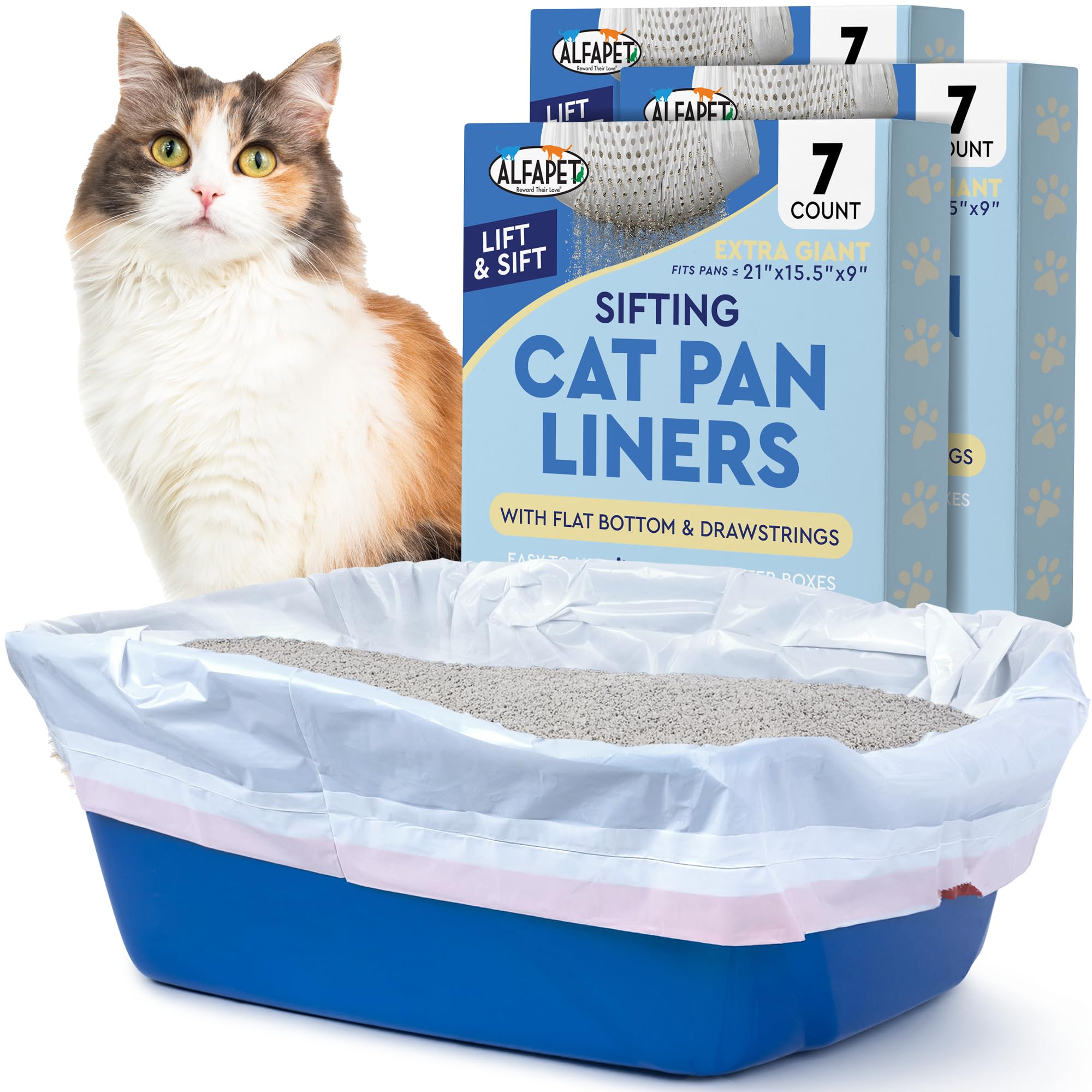Alfapet Self Sifting Cat Litter Box Liners, Set of 21, Flat Base, XL Design, With Inbuilt Drawstrings, Fits Large Trays, Reinforced, 36 in x 18 in Main image