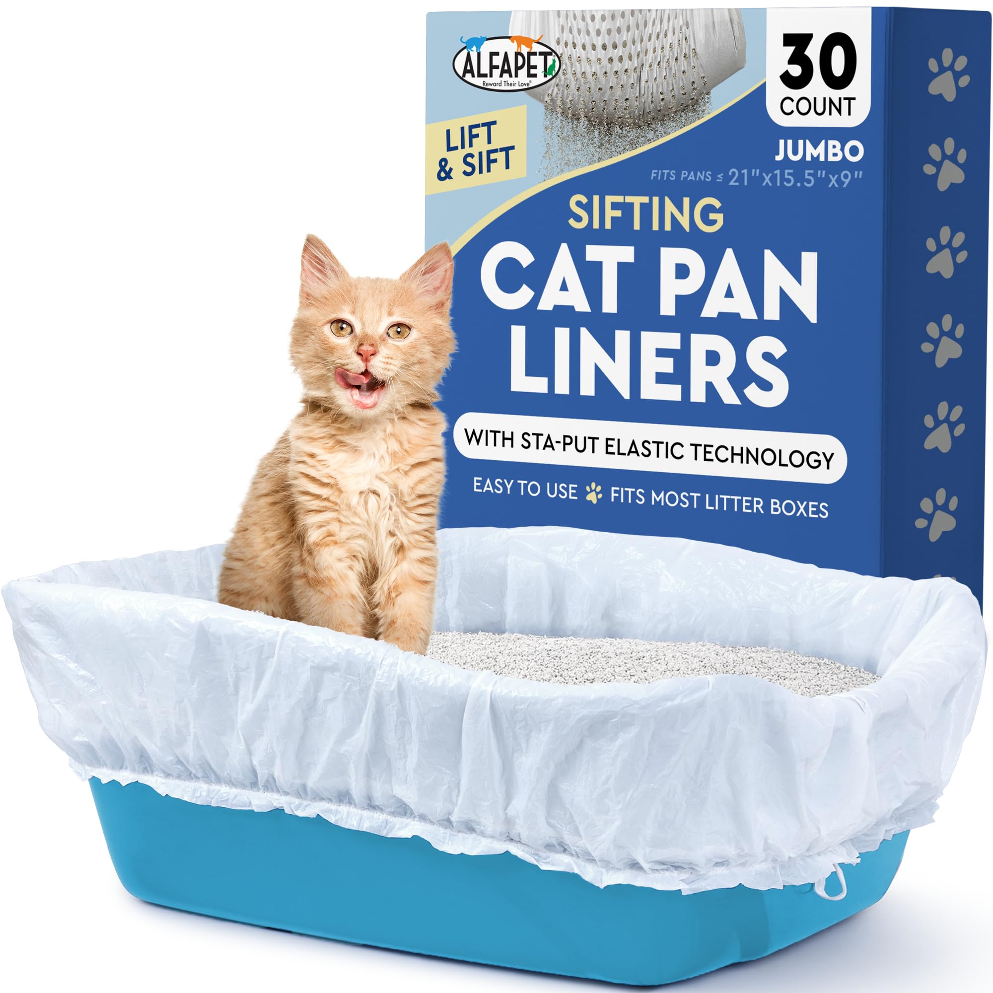 Alfapet Sifting Cat Litter Box Liners - Jumbo 30 Count, Pack of 5 - Tear-Resistant Cat Litter Bags, Waterproof Kitty Litter Liners, Fits Litterbox Pan Sizes X-Large, X-Giant, 37" x 18" 30 lb Capacity Main image