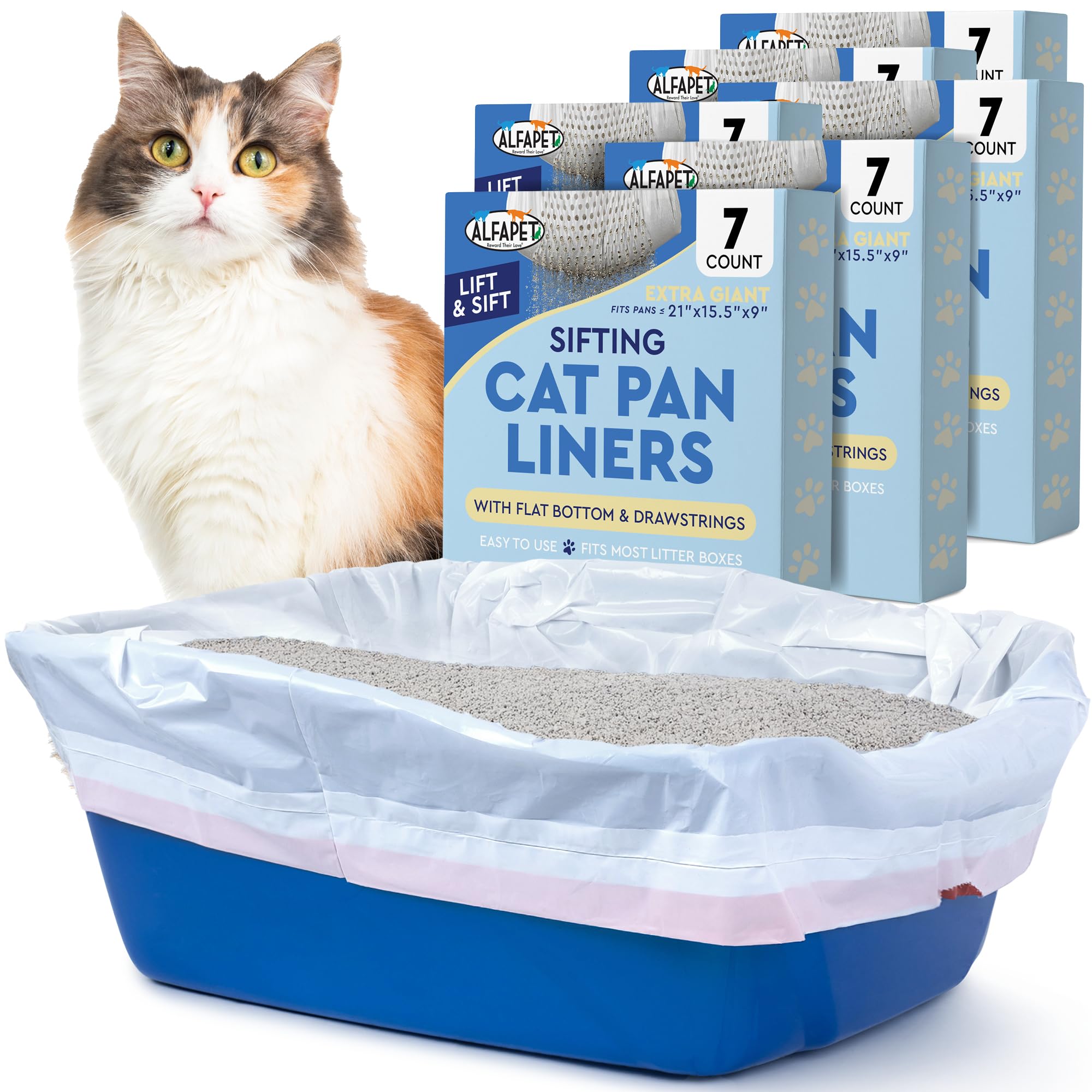 Alfapet Self Sifting Cat Litter Box Liners, Set of 42, Flat Bottom, Reinforced, XL Design for Large Trays, 13 Gallons Main image