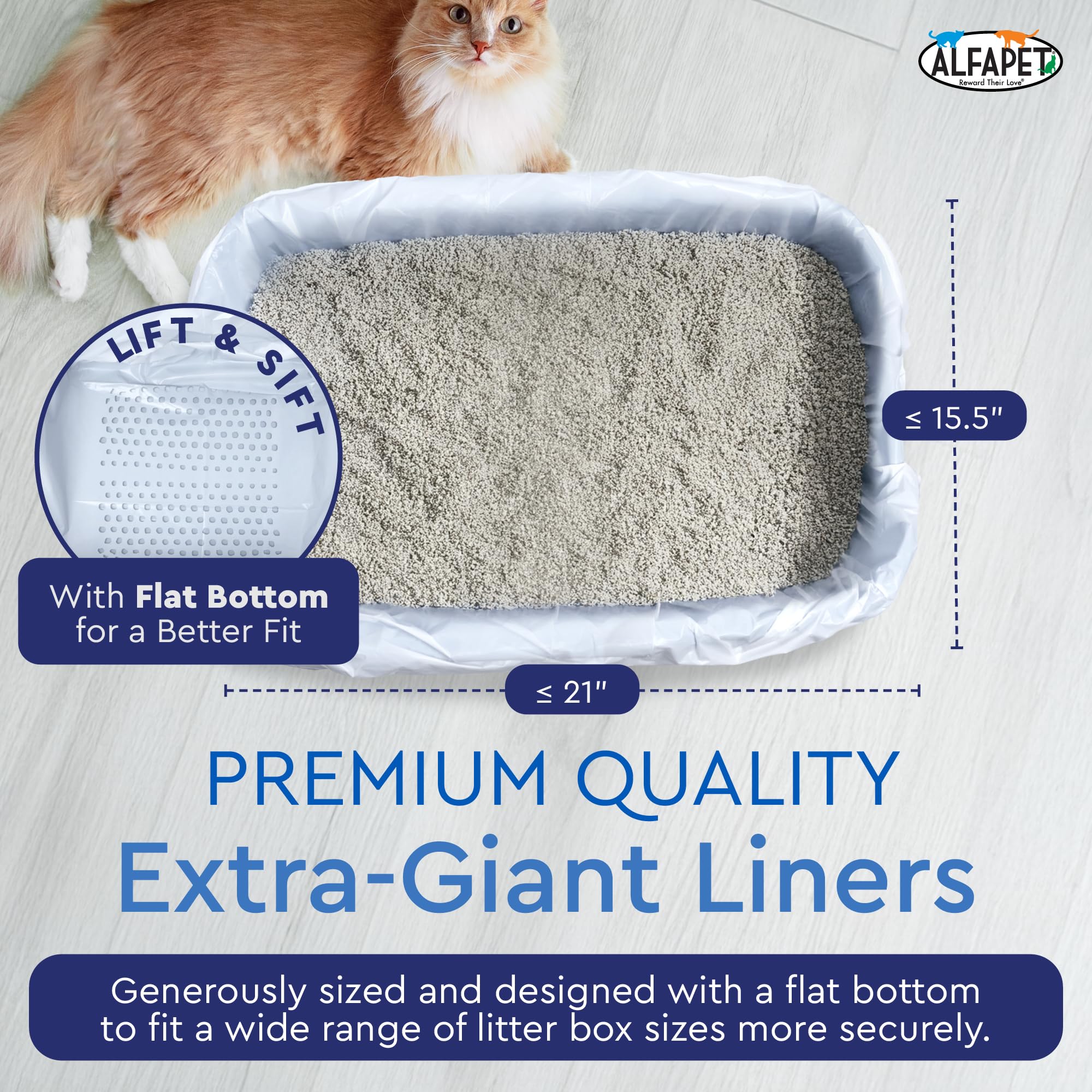 Sifting Cat Litter Box Liners, Set of 7 - Flat Base Disposable Cat Waste Tray Bags for Pet Poop - XL Design for Large Trays - With Inbuilt Drawstring Handles - Liner Fits the Corner of the Pan