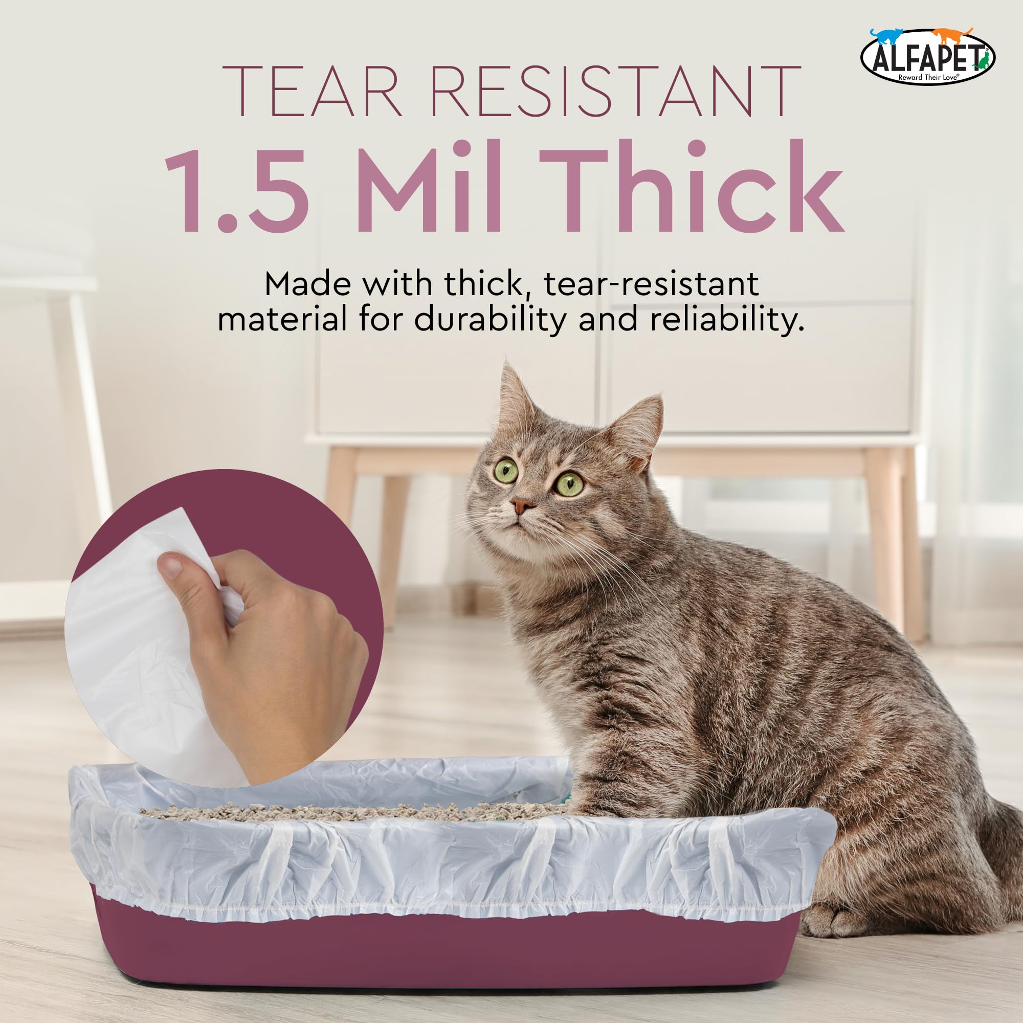 Alfapet Cat Litter Box Liners Large 12 Count - Tear-Resistant Cat Litter Bags - Waterproof Kitty Litter Liners - Fits Litterbox Pan Sizes Medium and Large, 31" x 17", 20 lb Capacity