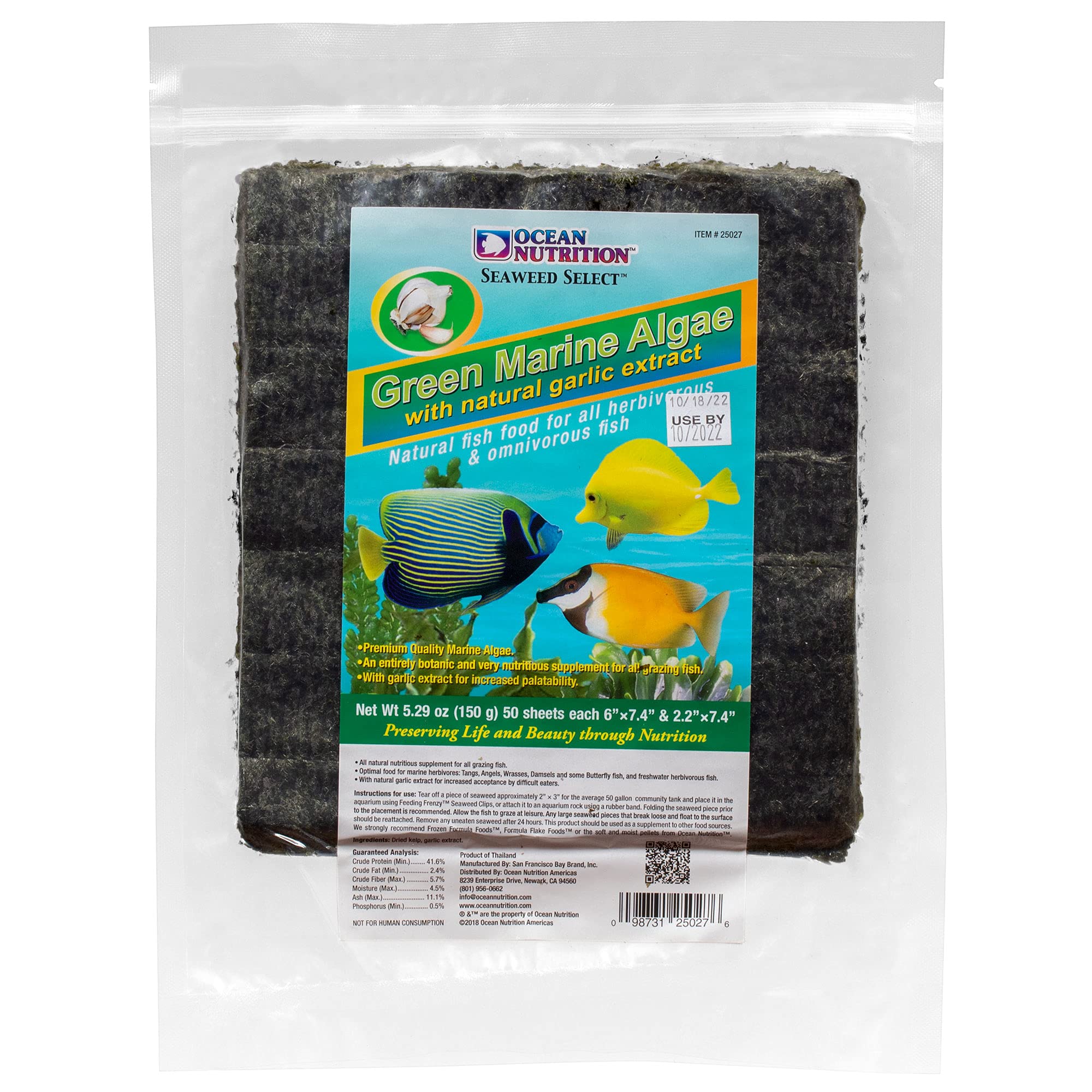 Ocean Nutrition Seaweed Select Green Marine Algae - Nutritious Fish Food for Herbivorous Marine Fish, Live Fish & Invertebrates - Natural Seaweed Sheets with Garlic Extract - 50 Sheets, 5.29 oz (150g) Secondary image