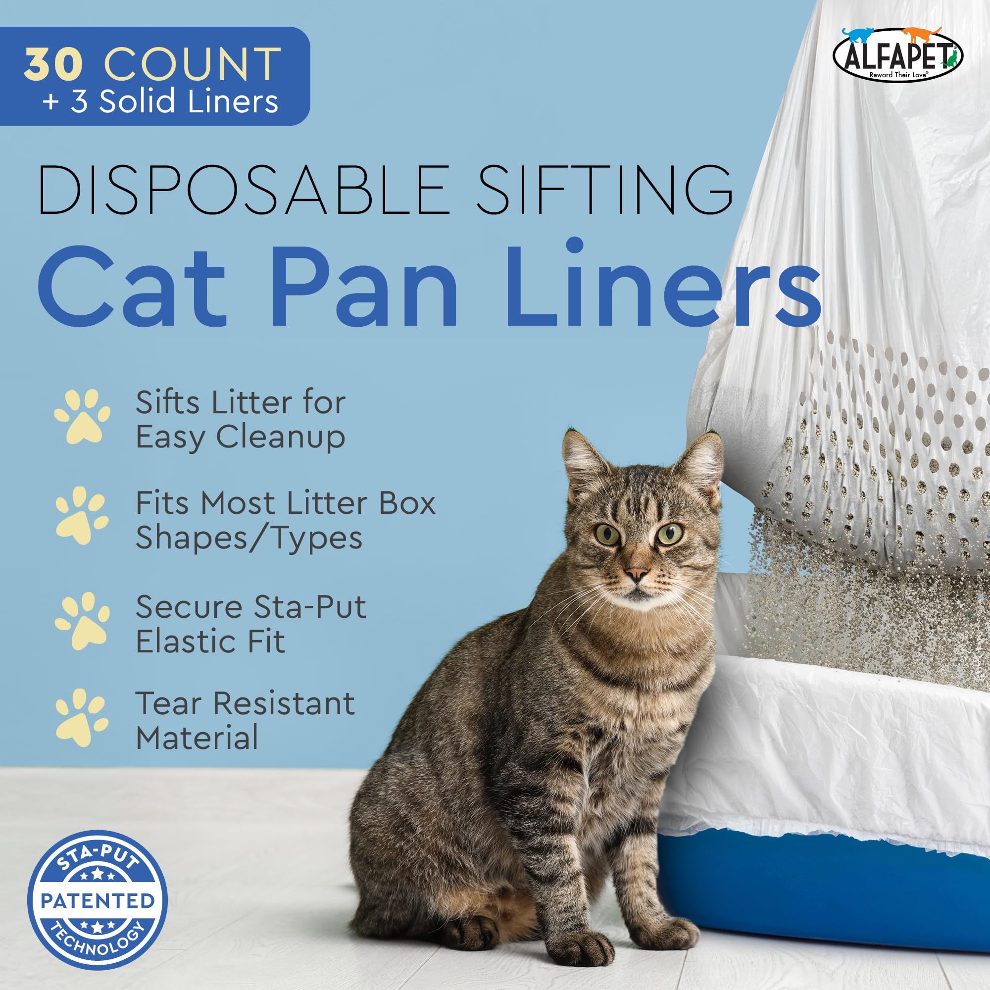 Alfapet Sifting Cat Litter Box Liners - Jumbo 30 Count, Pack of 5 - Tear-Resistant Cat Litter Bags, Waterproof Kitty Litter Liners, Fits Litterbox Pan Sizes X-Large, X-Giant, 37" x 18" 30 lb Capacity