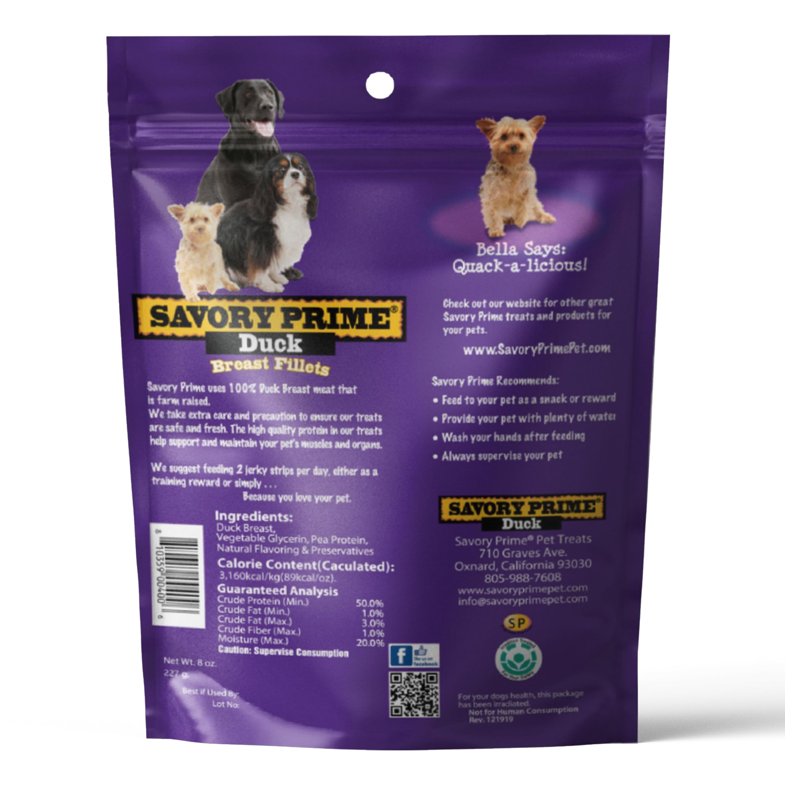 Savory Prime Duck Jerky Dog Treats, Made with 100% Real Duck Breast, Farm Raised, Healthy, Easily Digestible, High Protein, Satisfies Dog's Urge to Chew, 8 Ounce (Pack of 1)