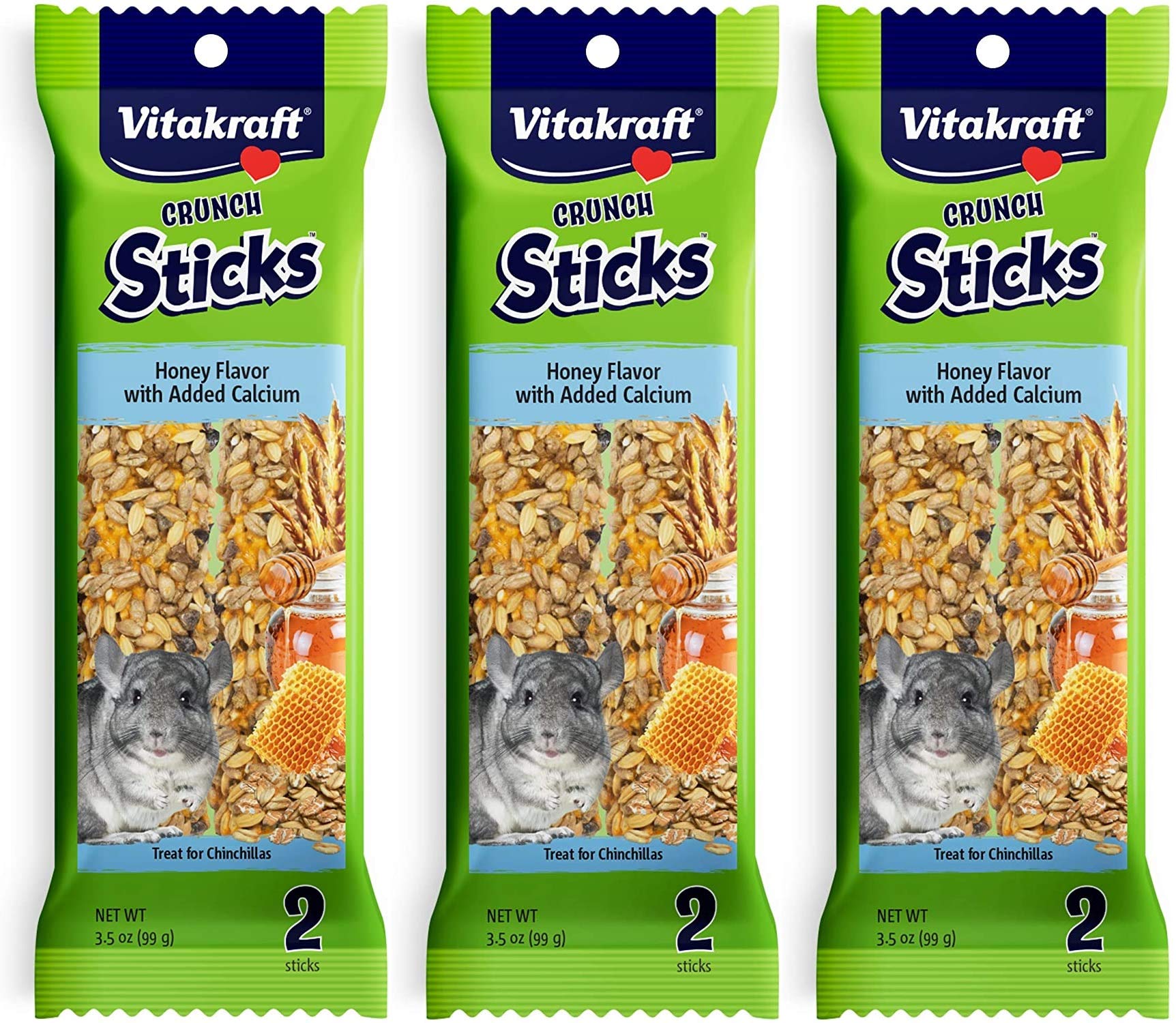 Vitakraft 3 Pack of Honey Flavor with Added Calcium Crunch Sticks Chinchilla Treats, 2 Sticks Each