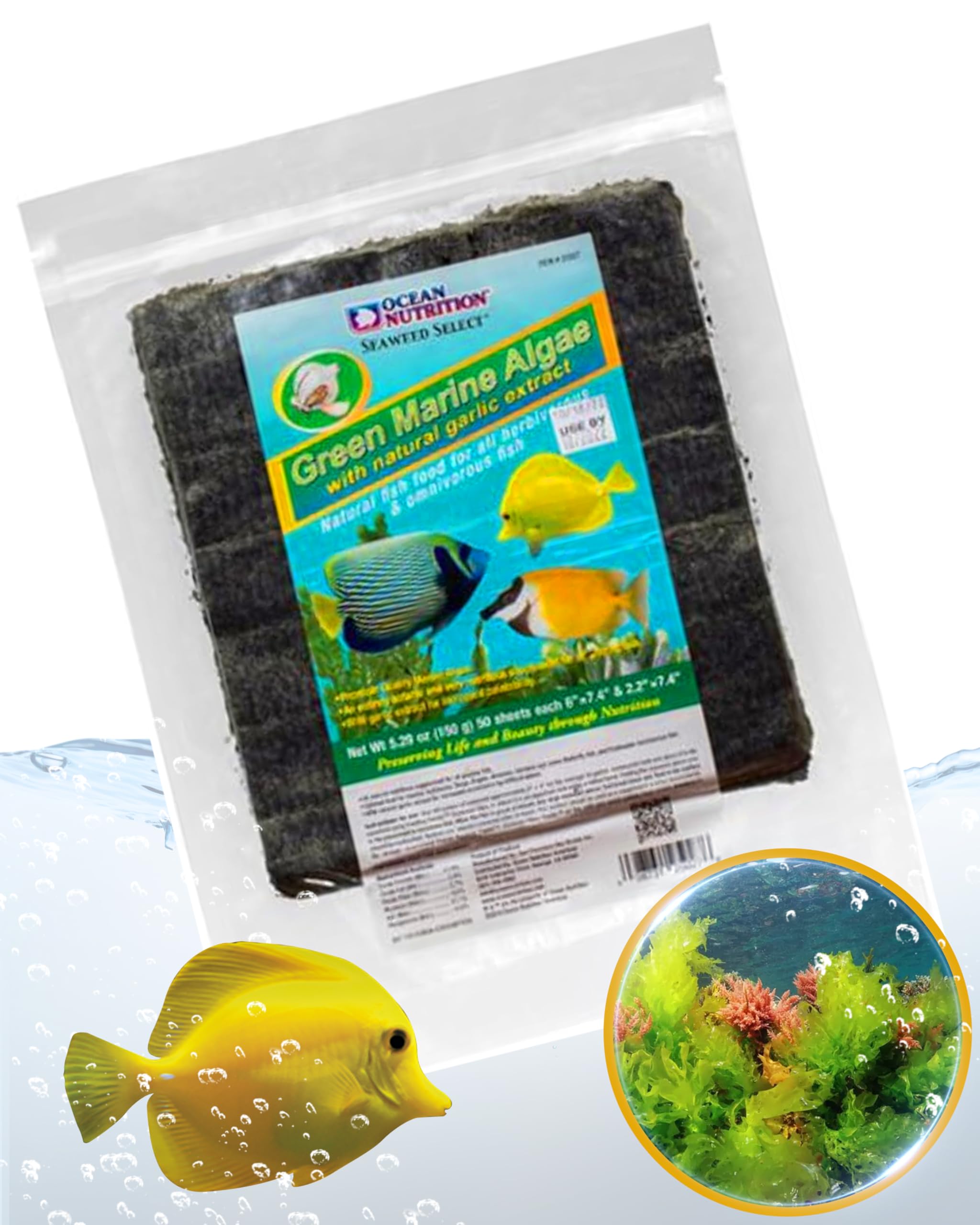 Ocean Nutrition Seaweed Select Green Marine Algae - Nutritious Fish Food for Herbivorous Marine Fish, Live Fish & Invertebrates - Natural Seaweed Sheets with Garlic Extract - 50 Sheets, 5.29 oz (150g)