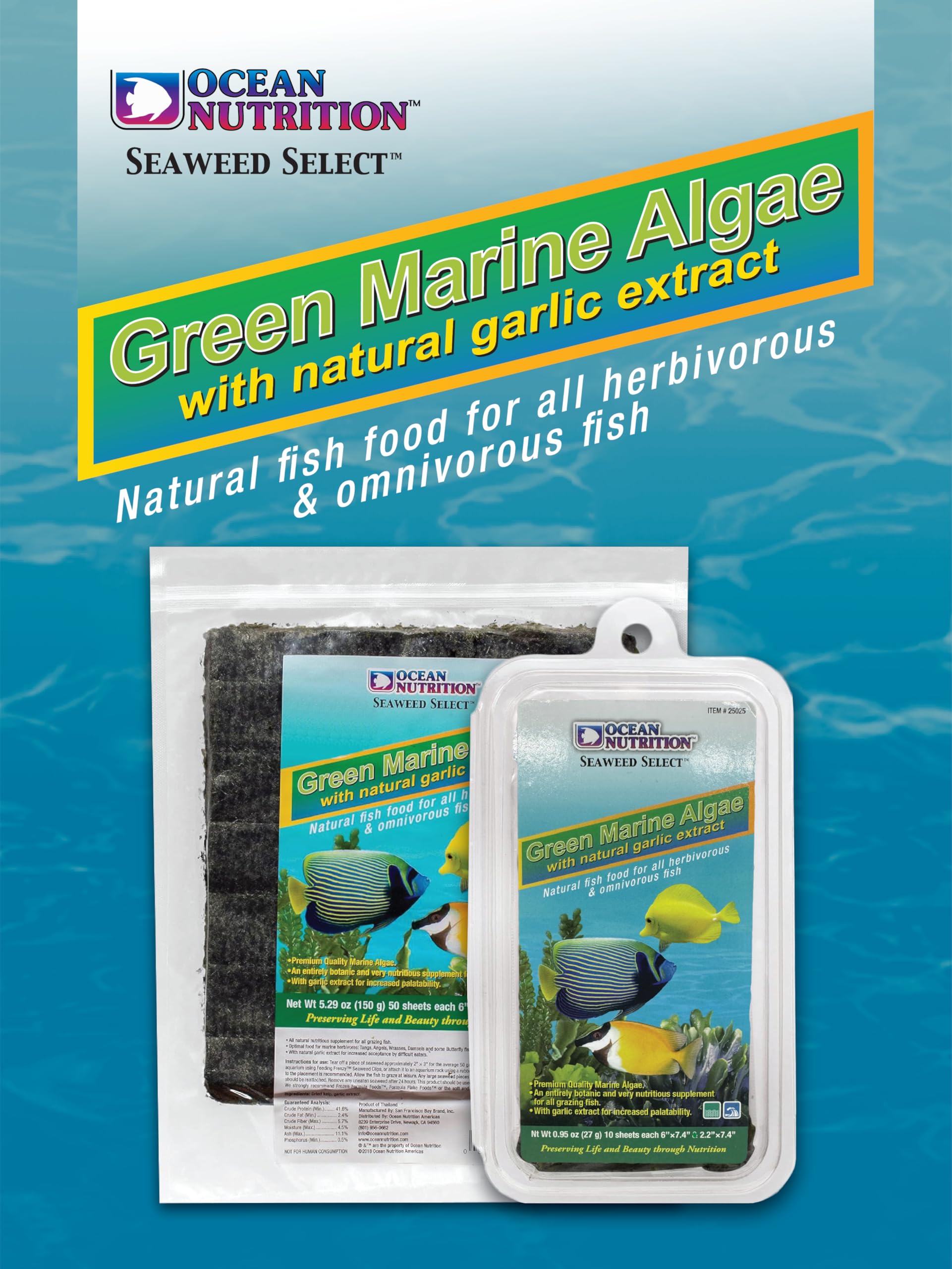 Ocean Nutrition Seaweed Select Green Marine Algae - Nutritious Fish Food for Herbivorous Marine Fish, Live Fish & Invertebrates - Natural Seaweed Sheets with Garlic Extract - 50 Sheets, 5.29 oz (150g) Main image