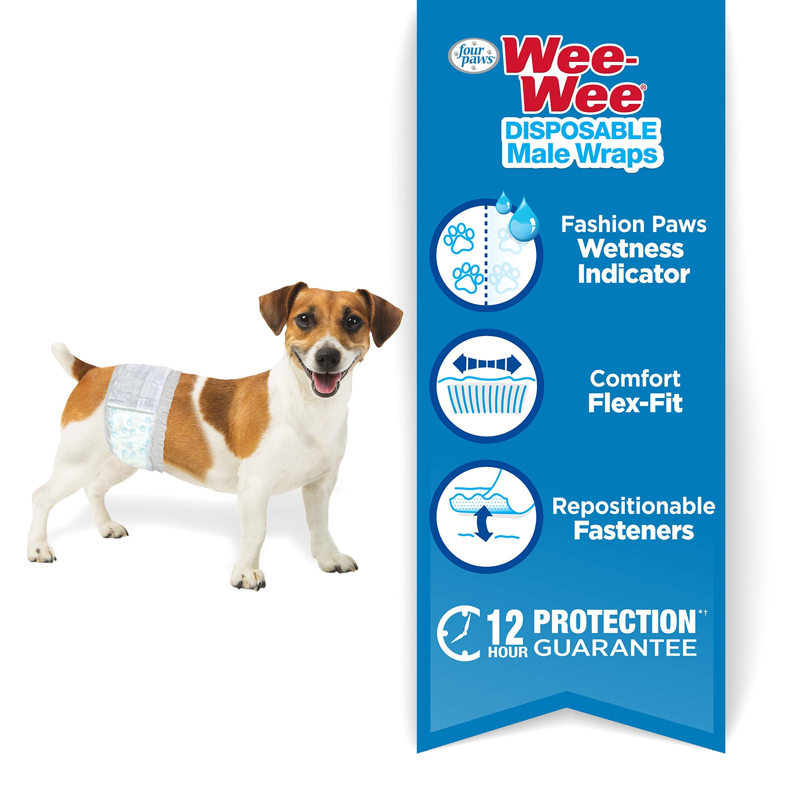 Four Paws Wee-Wee Super Absorbent Disposable Adjustable Dog Potty Training Male Wraps Diapers, Leak-Proof Protection for Puppies and Small Dogs, Extra Small, 36 Count