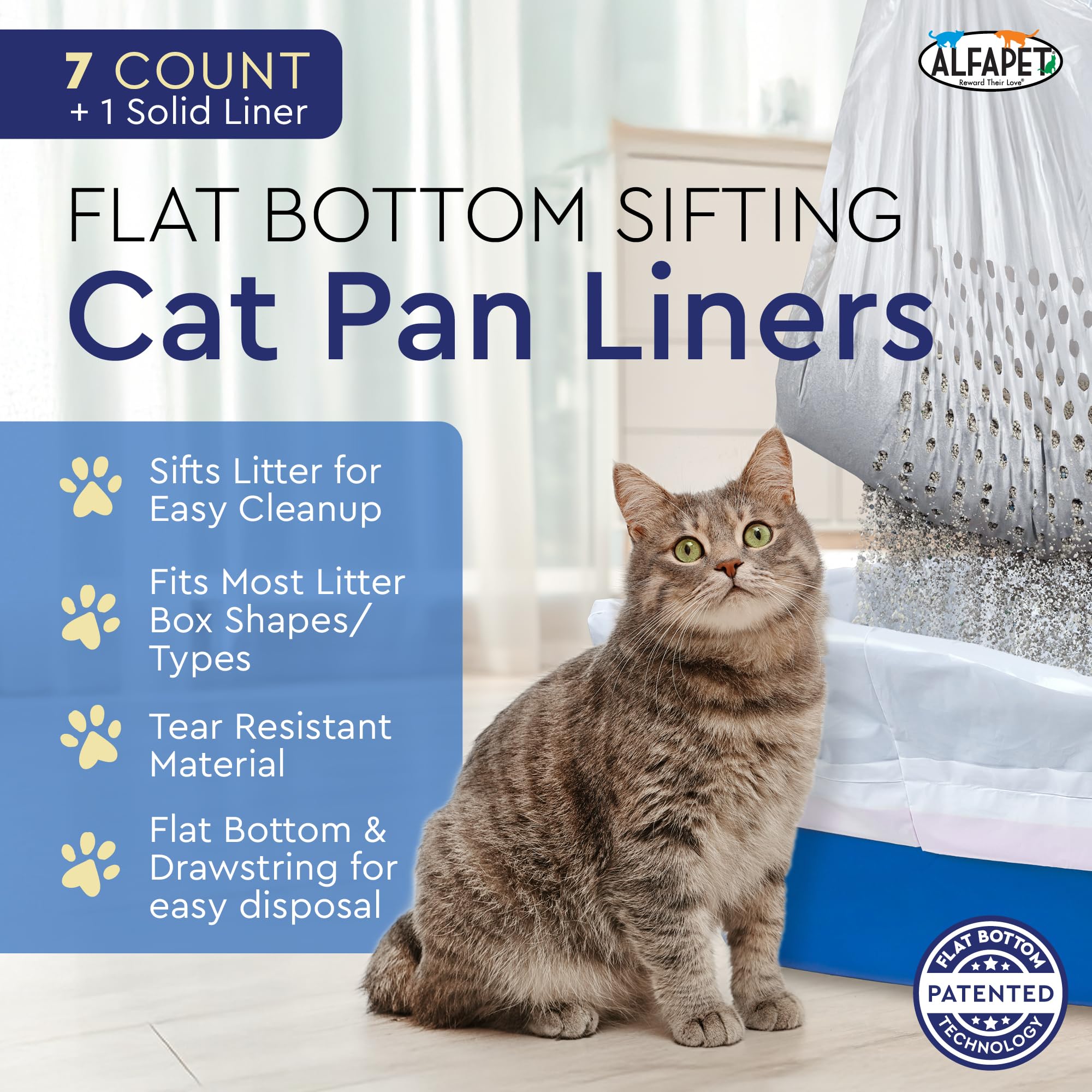 Sifting Cat Litter Box Liners, Set of 7 - Flat Base Disposable Cat Waste Tray Bags for Pet Poop - XL Design for Large Trays - With Inbuilt Drawstring Handles - Liner Fits the Corner of the Pan Secondary image