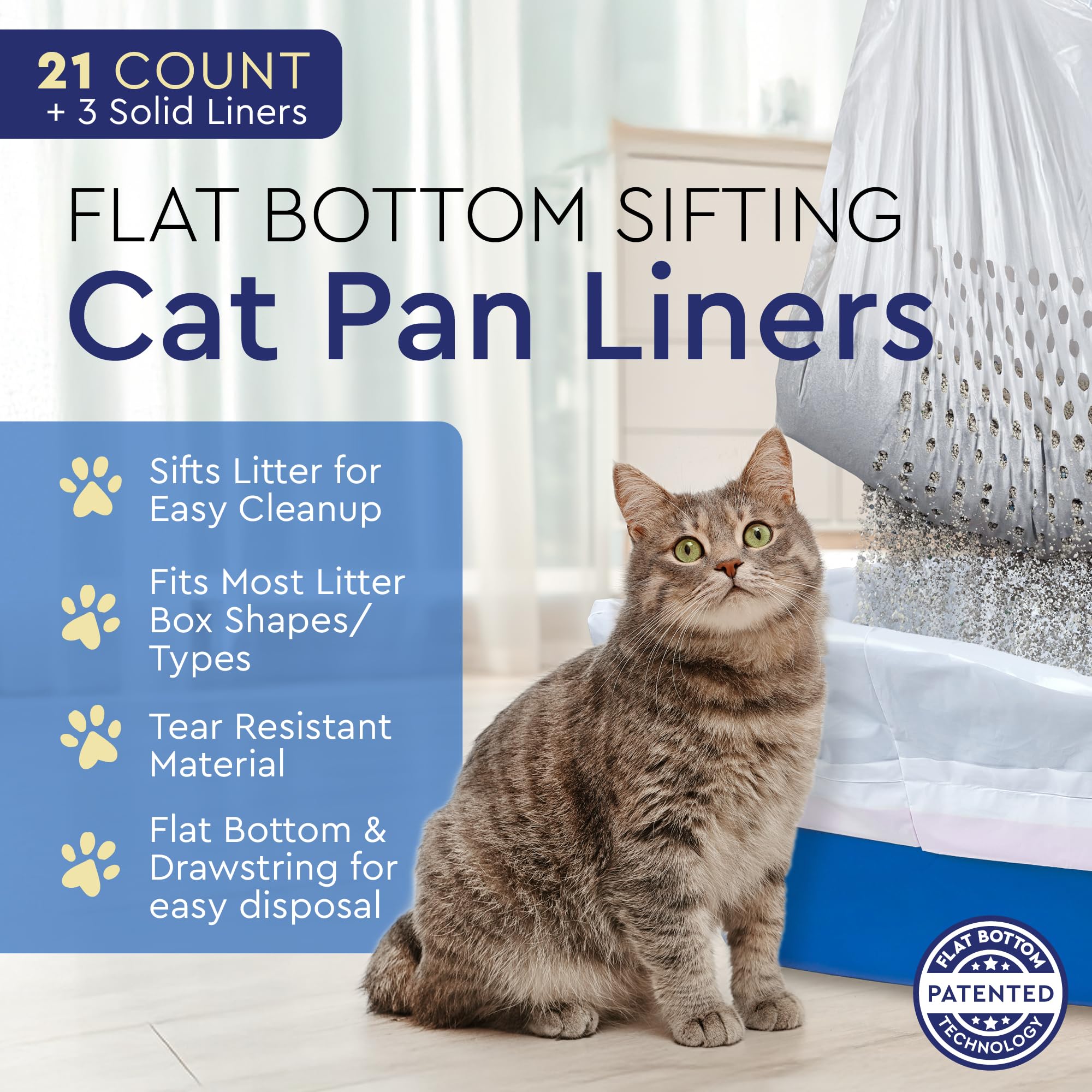 Alfapet Self Sifting Cat Litter Box Liners, Set of 21, Flat Base, XL Design, With Inbuilt Drawstrings, Fits Large Trays, Reinforced, 36 in x 18 in