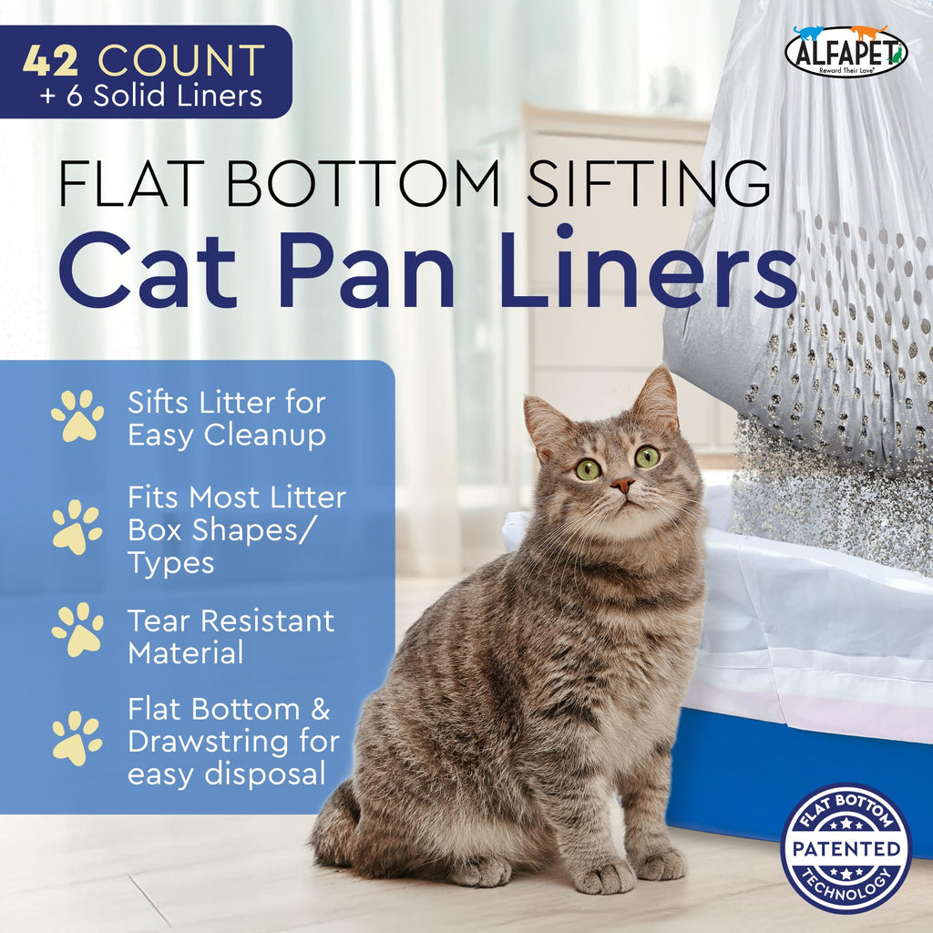 Alfapet Self Sifting Cat Litter Box Liners, Set of 42, Flat Bottom, Reinforced, XL Design for Large Trays, 13 Gallons
