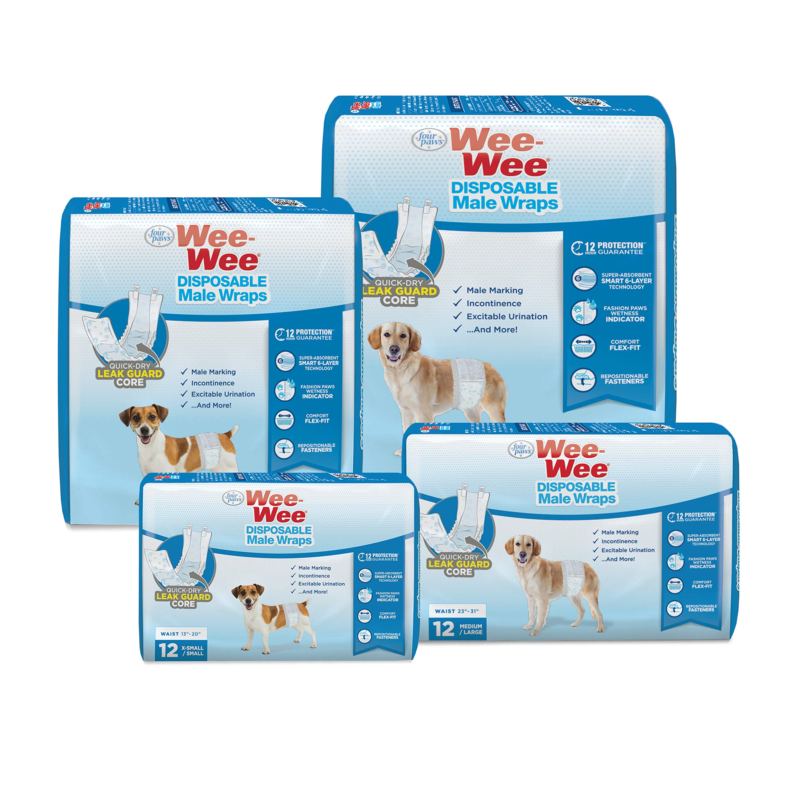 Four Paws Wee-Wee Super Absorbent Disposable Adjustable Dog Potty Training Male Wraps Diapers, Leak-Proof Protection for Puppies and Small Dogs, Extra Small, 36 Count