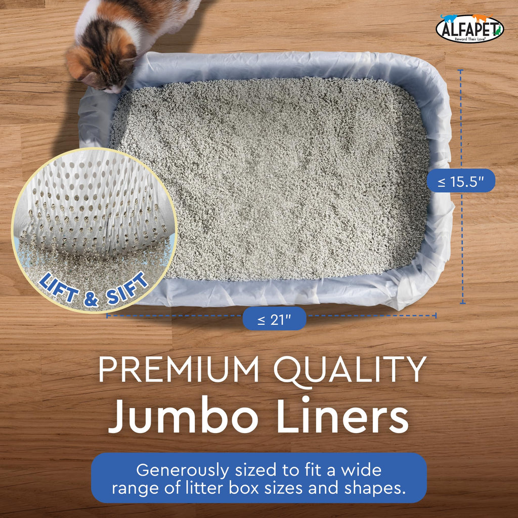 Alfapet Sifting Cat Litter Box Liners - Jumbo 10 Count, Tear-Resistant Cat Litter Bags, Waterproof Kitty Litter Liners, Fits Litterbox Pan Sizes X-Large, X-Giant, 37" x 18" 30 lb Capacity