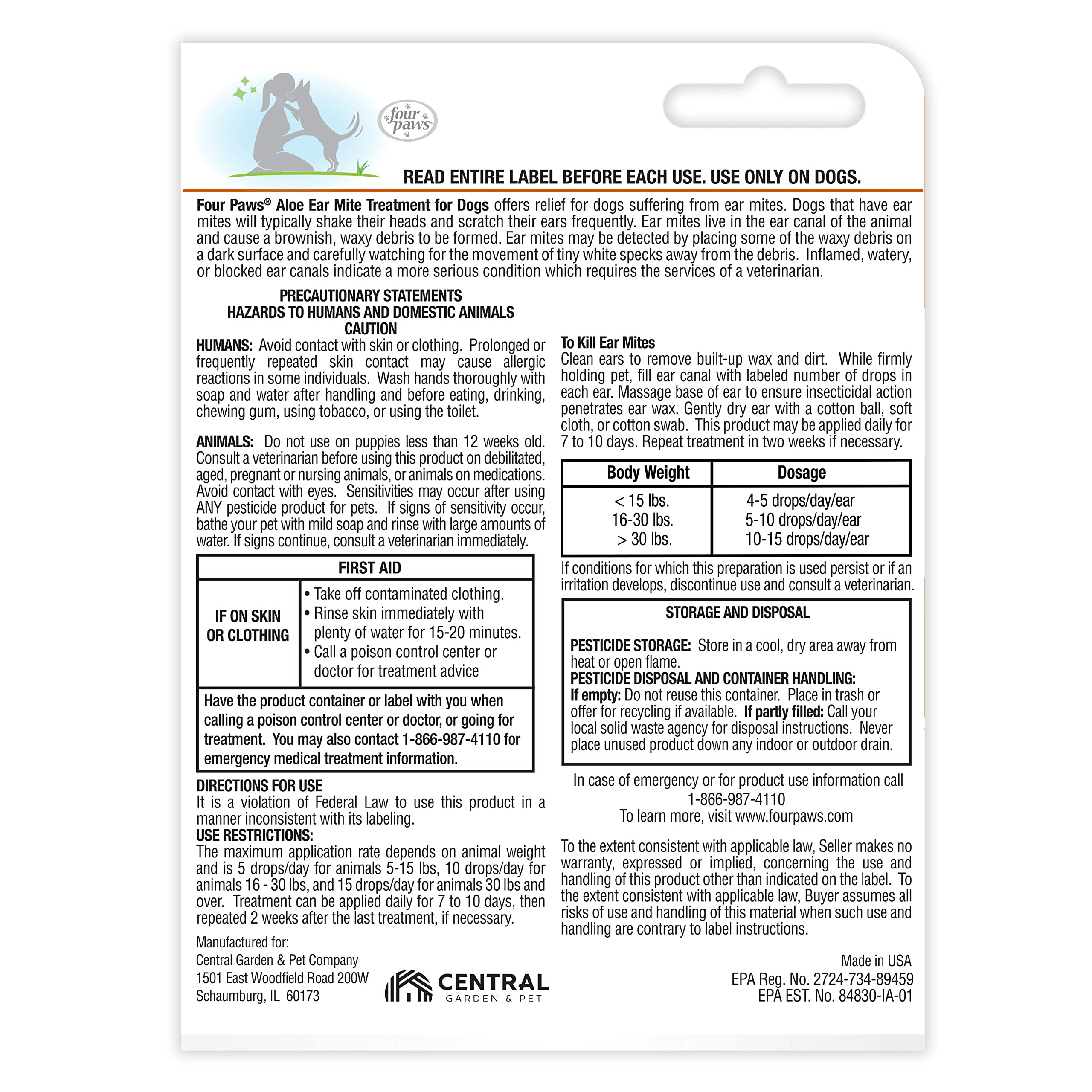 Four Paws Healthy Promise Grooming Soothing Aloe Ear Mite Remedy Solution for Dogs, Odor Reducing & Itch Relief, 0.75 Fl. Oz.