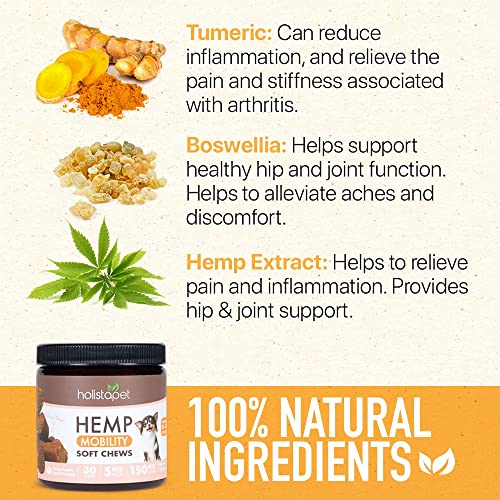 HolistaPet Hemp Mobility Chews for Dogs - Joint & Mobility Care - 30 Soft Chews - 150mg - Made in USA - Powerful Relief with Hemp Oil Turmeric & Boswellia - Organic - Hips & Joint Pain - Inflammation