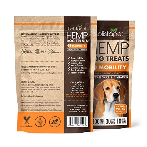 HolistaPet Hemp Dog Treats - Joint & Mobility Care - 30 Crunchy Treats - 300mg - Made in USA - Powerful Relief with Hemp Oil Turmeric & Boswellia - 100% Organic - for Hips & Joint Pain, Inflammation