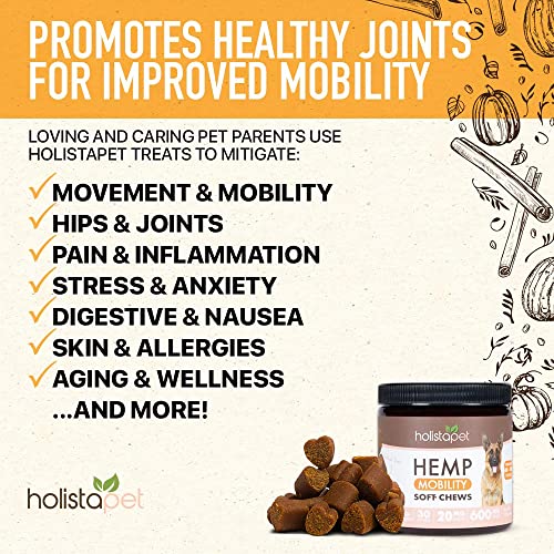 HolistaPet Hemp Mobility Chews for Dogs - Joint & Mobility Care - 30 Soft Chews - 600mg - Made in USA - Powerful Relief with Hemp Oil Turmeric & Boswellia - Organic - Hips & Joint Pain - Inflammation