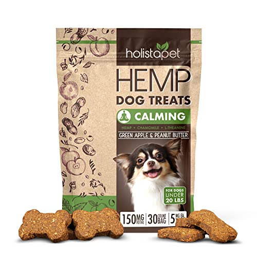 HolistaPet Hemp Dog Treats - Stress & Anxiety Relief - 30 Crunchy Treats - 150mg - Made in USA - Calming Hemp Oil Treats for Dogs - Separation - Aggressive Behavior - Loud Noises - Thunder