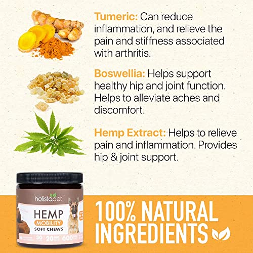 HolistaPet Hemp Mobility Chews for Dogs - Joint & Mobility Care - 30 Soft Chews - 600mg - Made in USA - Powerful Relief with Hemp Oil Turmeric & Boswellia - Organic - Hips & Joint Pain - Inflammation